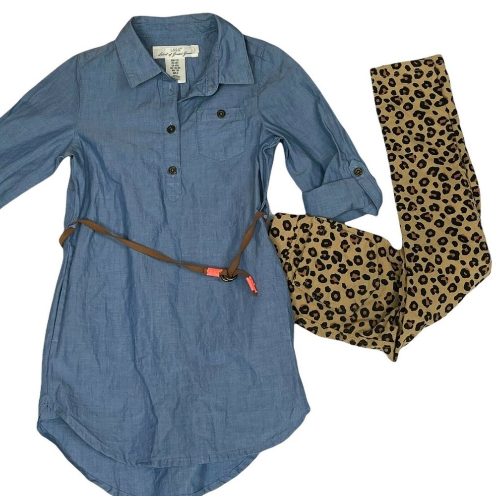 H & M L.O.G.G. Denim Belted Roll Tab Sleeve Dress Tunic Girls Size 4-5Y Outfit